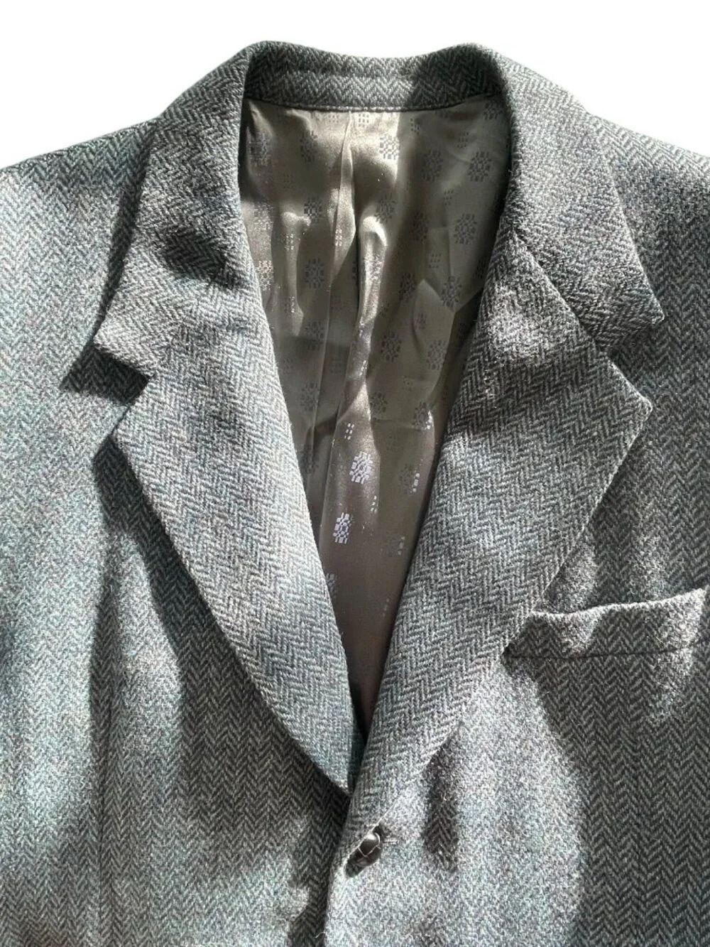 Holland & Sherry Mens Wool Herringbone Blazer In Gray With Satin Lining Size XL